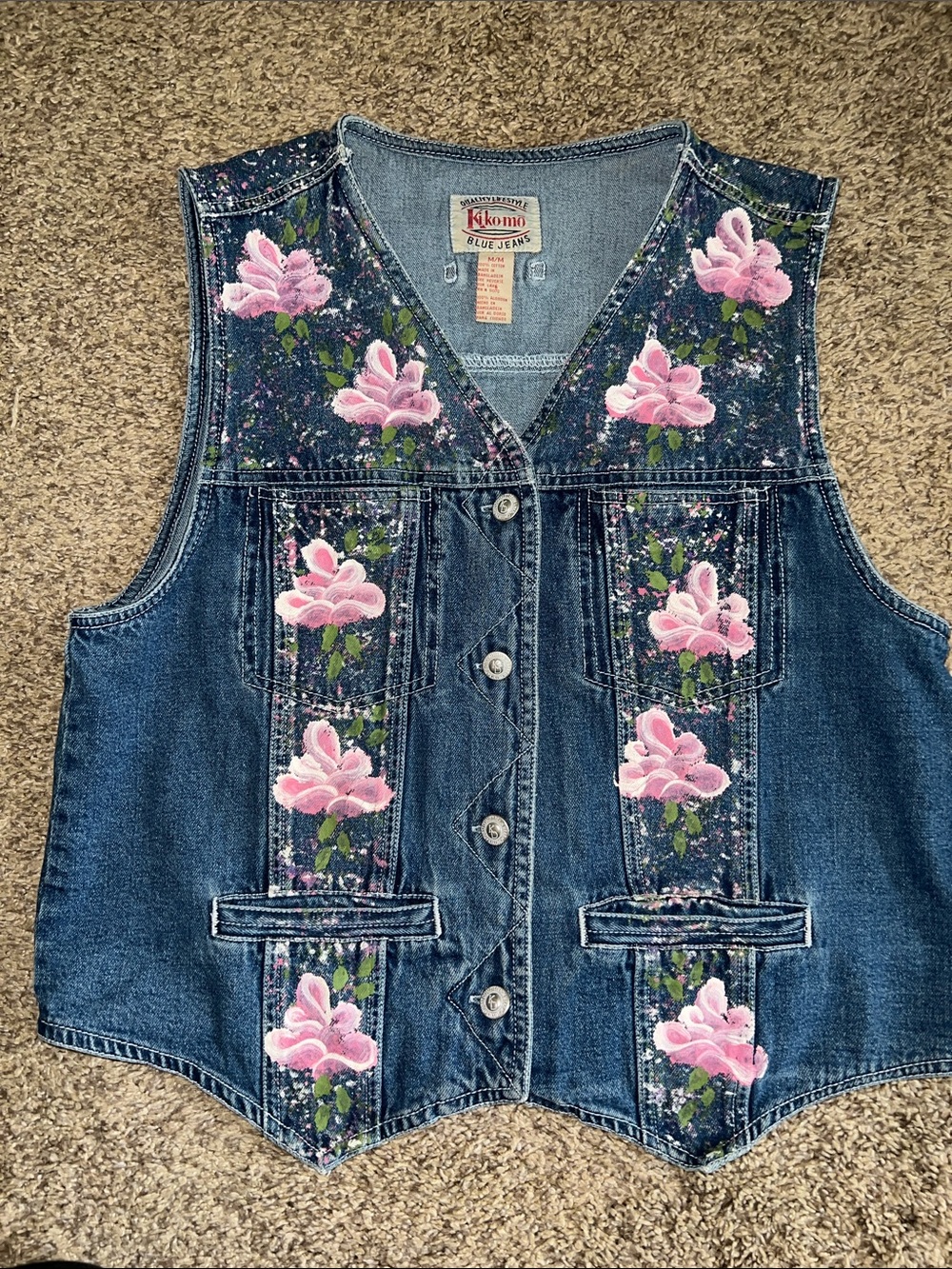 Kukimo Blue Jean Denim Vest with Handpainted Pink Floral Appliqué